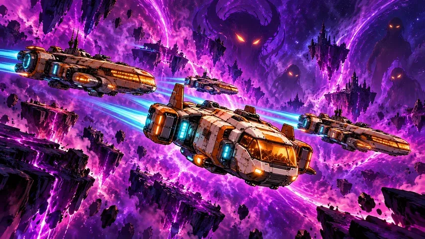 Ships flying through a burning space station